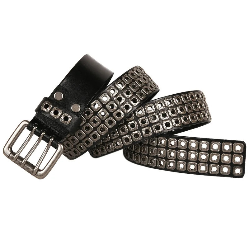 Metal Rivet Cowboy Belt Genuine Leather Cowskin Men Belt Punk Rivet Jeans Belts For Men Ceinture Homme Cinturones Hombre 250318