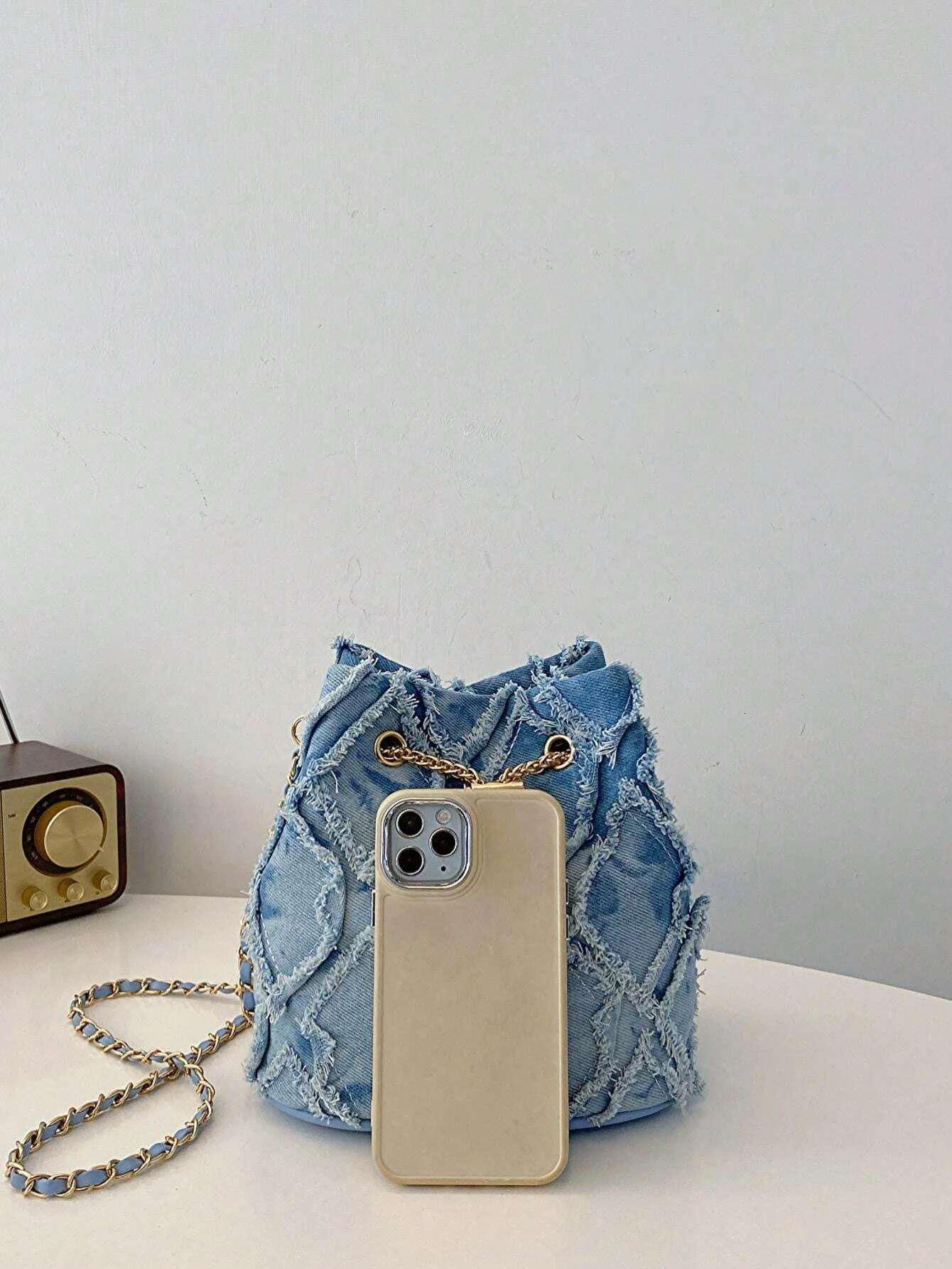 Fashion Solid Color Plaid Vintage Denim Crossbody Bag Pull Rope Open And Close, Suitable For Women's Daily Travel-Ll