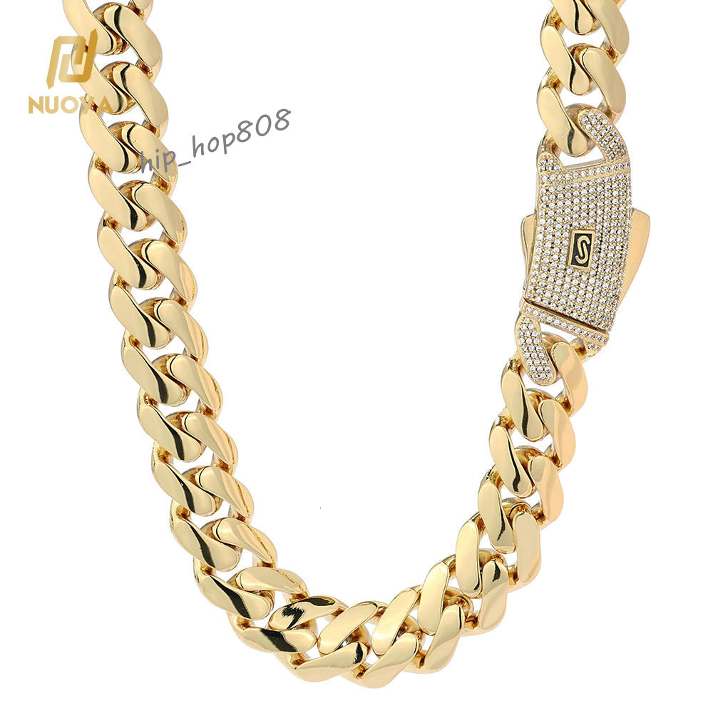 NUOYA 14K/18K Gold Plated Thick Solid Cuban Link Chain Hip Hop Jewelry Iced Diamond Clasp Flat Miami Cuban Link Necklace for Men