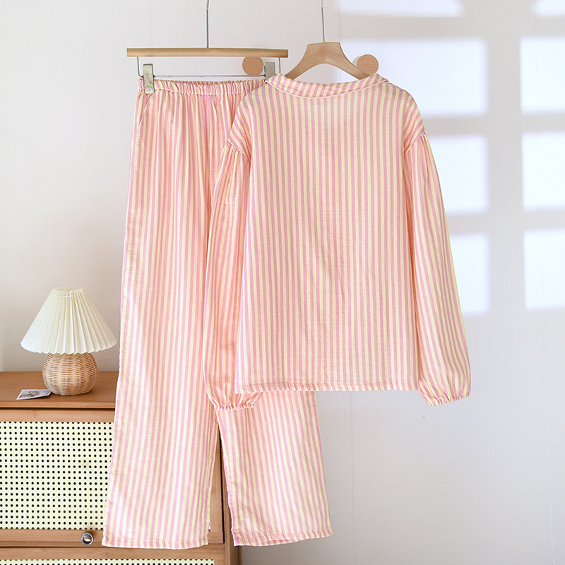 B761-Cotton gauze pajamas for women in spring and autumn, thin and cute, age-reducing striped long-sleeved trousers, baby cotton yarn home clothes sui