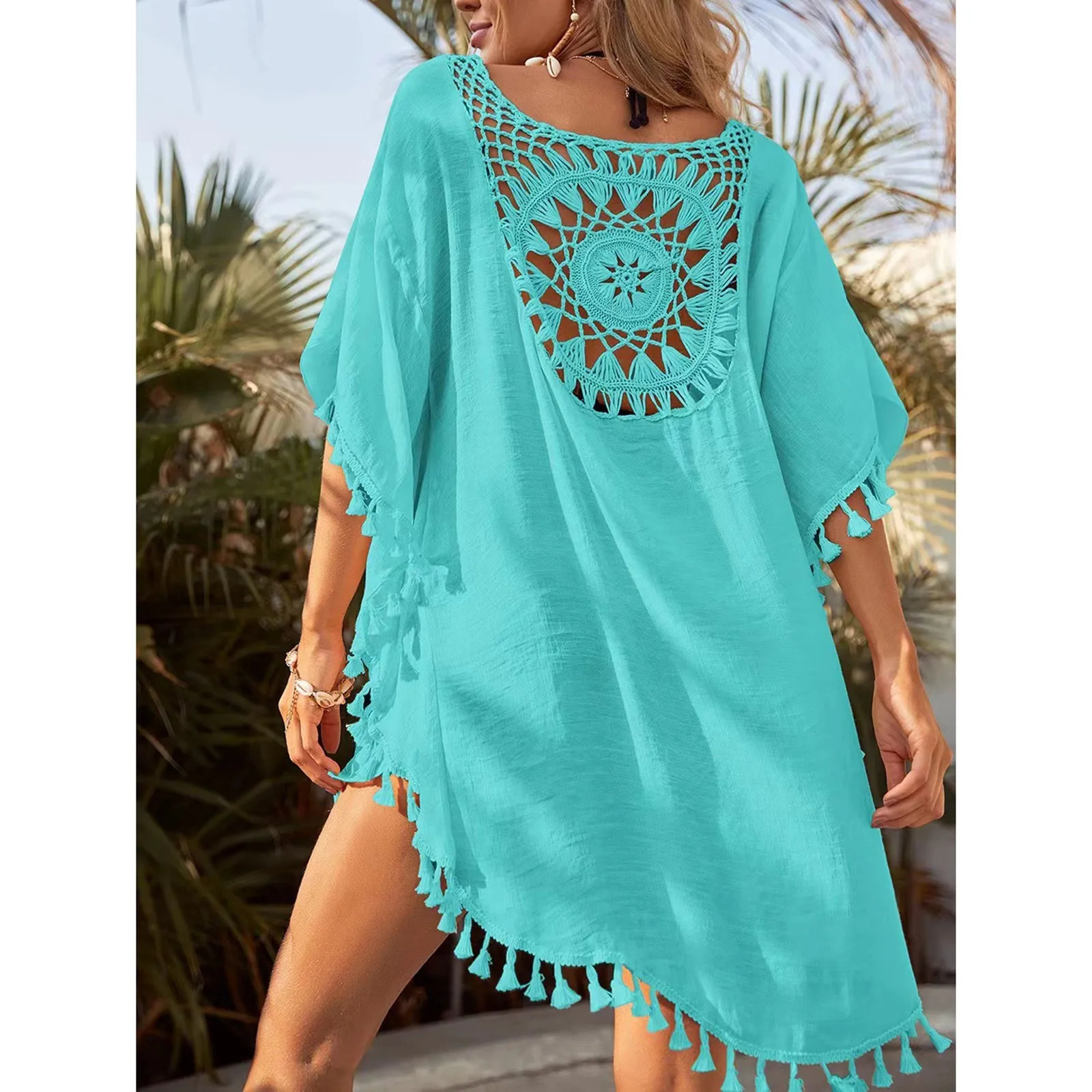 Sexy Loose Fashion Cotton Linen Beach Dress Plain Color Bikini Cover UP Swimsuit Hollow Out Casual Vacation Dress Beach Dress 250305Z