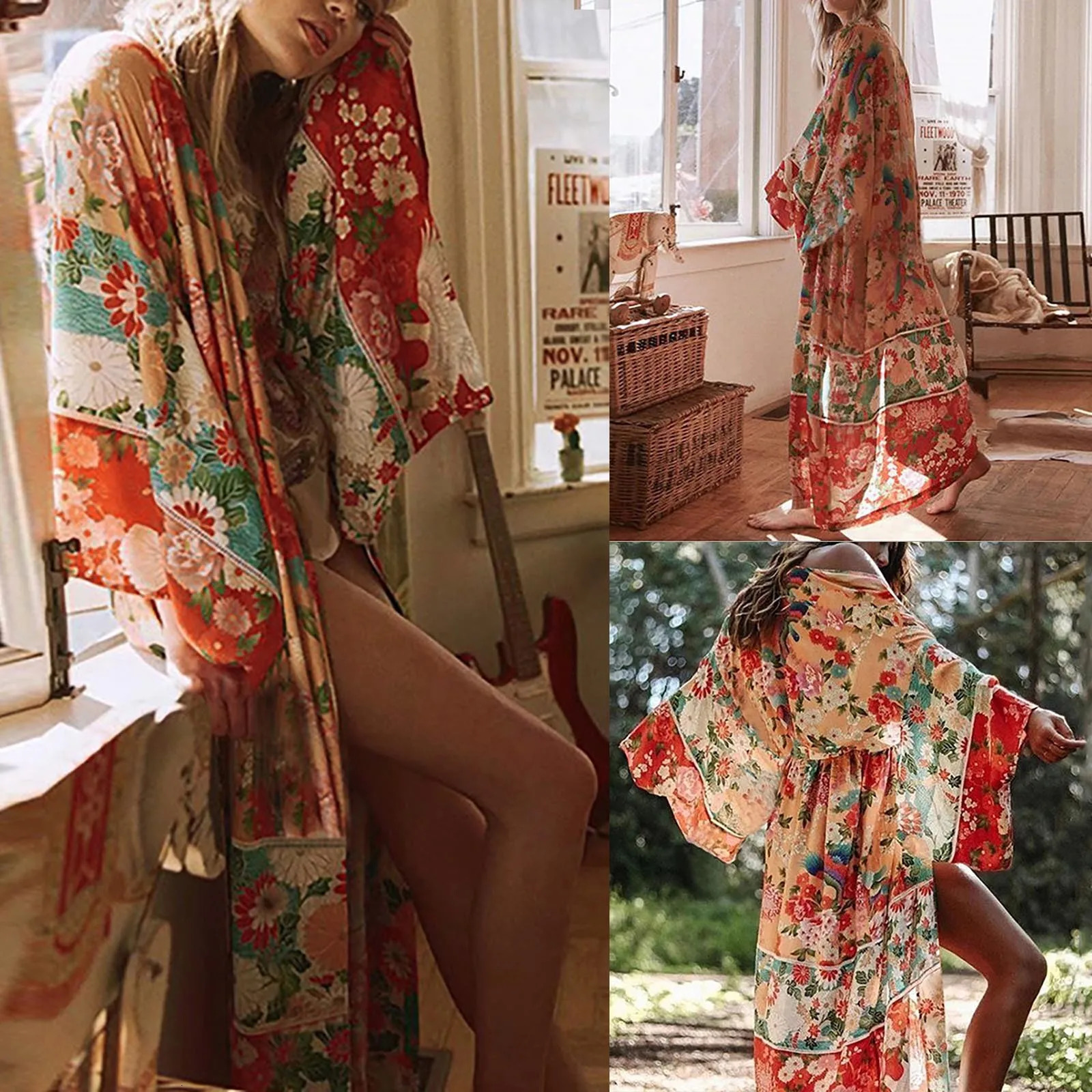 Womens floral print Bohemian beach style fashionable sun screen long skirt holiday edition chiffon long sleeved thin cardigan 250305Z
