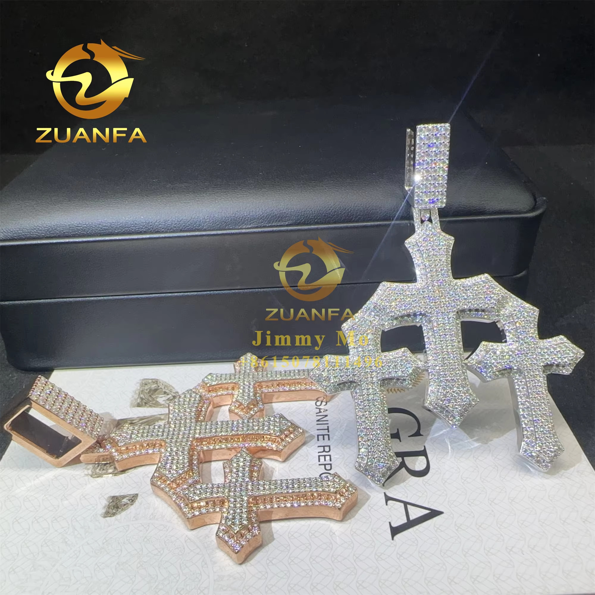 New Trendy Man Jewelry Pass Tester Hip Hop Iced Out 925 Sterling Silver VVS1 Moissanite Diamond 3 Crosses Pendant Necklace