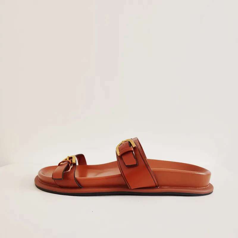 Summer 2025 Women s Sandals Black Brown Metal Buckle Flat Shoes Slippers Fashion Designer New Sexy Women s Flip Flops Round Head Lace Shoes