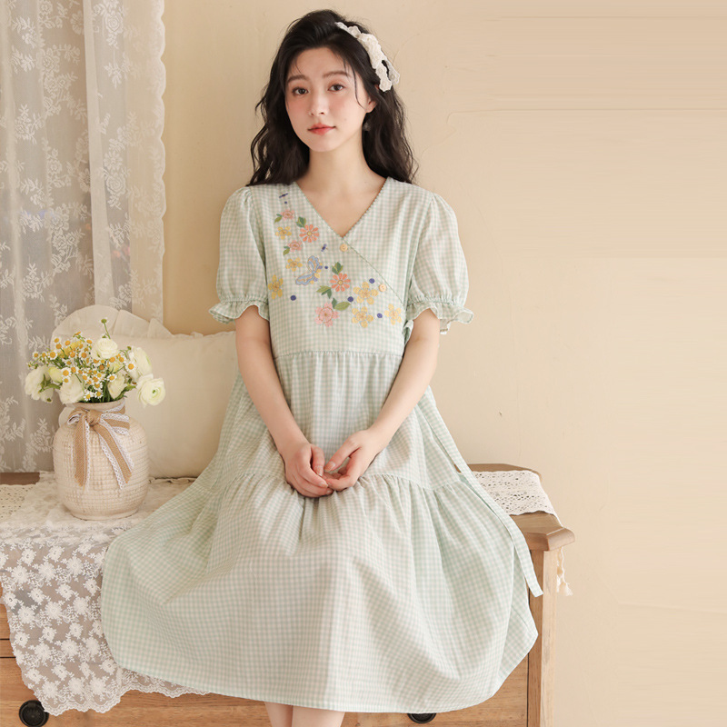 B760-Spring and summer women's cotton one-piece nightgown short-sleeved ruffled double-layer cotton yarn girls' home clothes breathable paja