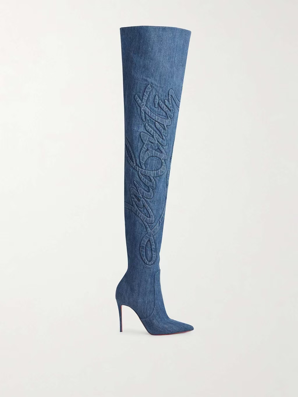 European women's high-heeled pointed shoes, denim embroidered knee high zipper boots, nightclubs dates - stylish and minimalist design