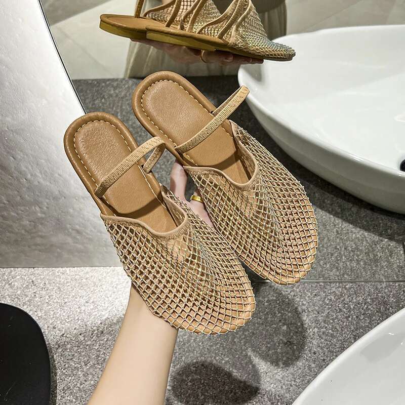 Round Headed Lower Half Slippers For Free Shipping Women Flat Designer Sandals Shoes 2025 Summer New Mesh Beach Shoes External Slippers Gladiator Sand