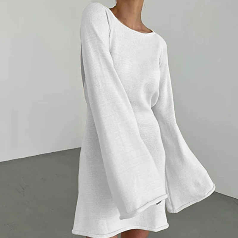 Sexy Backless Round Collar CoverUps Solid Color Knit Beachwear Stylish Horn Sleeve Beach suit Female Holiday wrap Dress 250305Z