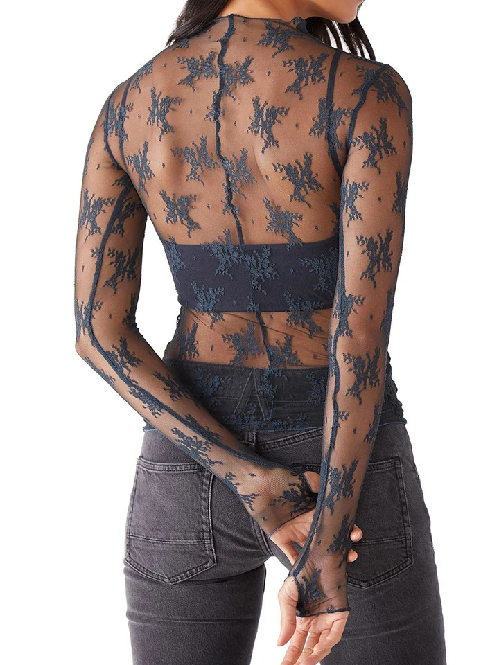 Sheer Mesh Long Sleeve Layering Top for Women Mock Neck Floral Lace Tshirt See Through Tee Shirt Blouse250304