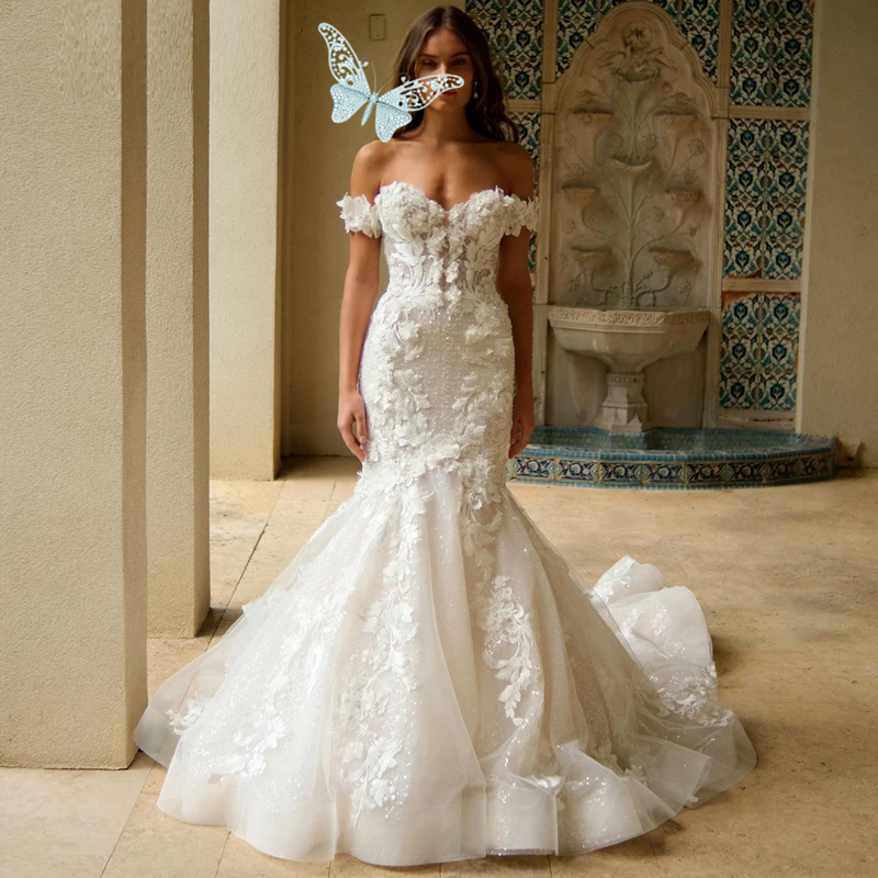 Princess Aso Ebi Floral Mermaid Wedding Dresses Glitter Beading Bridal Gowns Appliques Off The Shoulder Formal Women Brides Dress Vestido De Noiva Plu