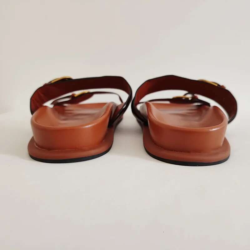 Summer 2025 Women s Sandals Black Brown Metal Buckle Flat Shoes Slippers Fashion Designer New Sexy Women s Flip Flops Round Head Lace Shoes