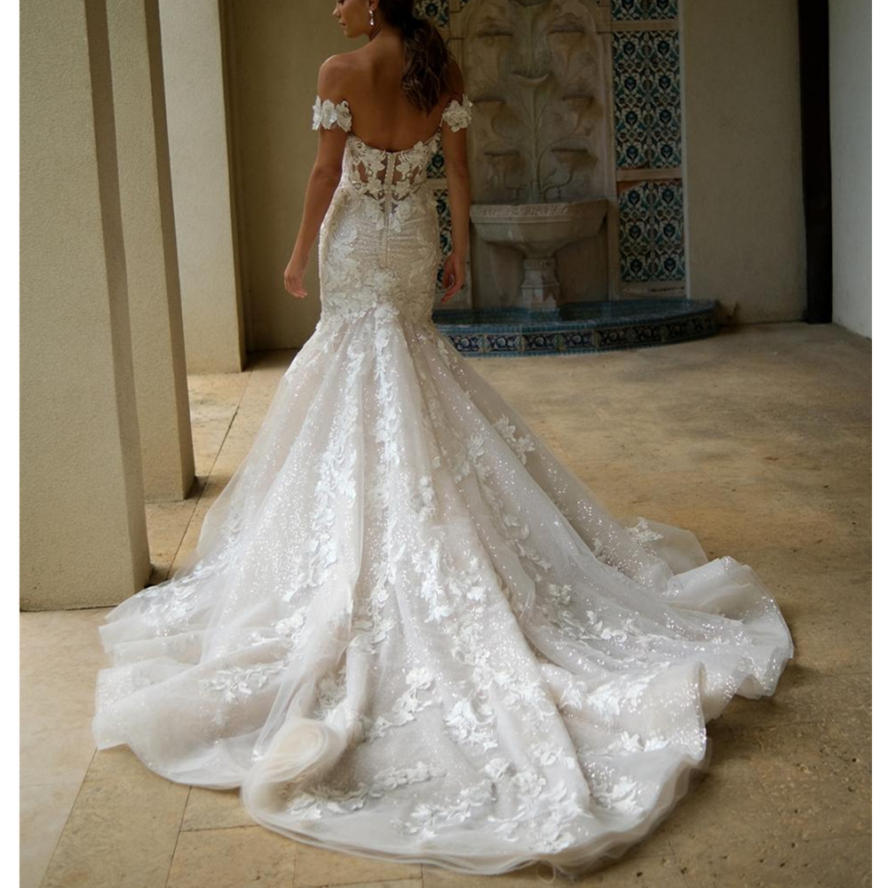 Princess Aso Ebi Floral Mermaid Wedding Dresses Glitter Beading Bridal Gowns Appliques Off The Shoulder Formal Women Brides Dress Vestido De Noiva Plu