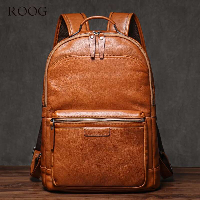 ROOG High Quality Backpack Men's Real Leather Business Knapsack Women Schoolbag weekends Travel Computer Bags For 16 Inch Laptop