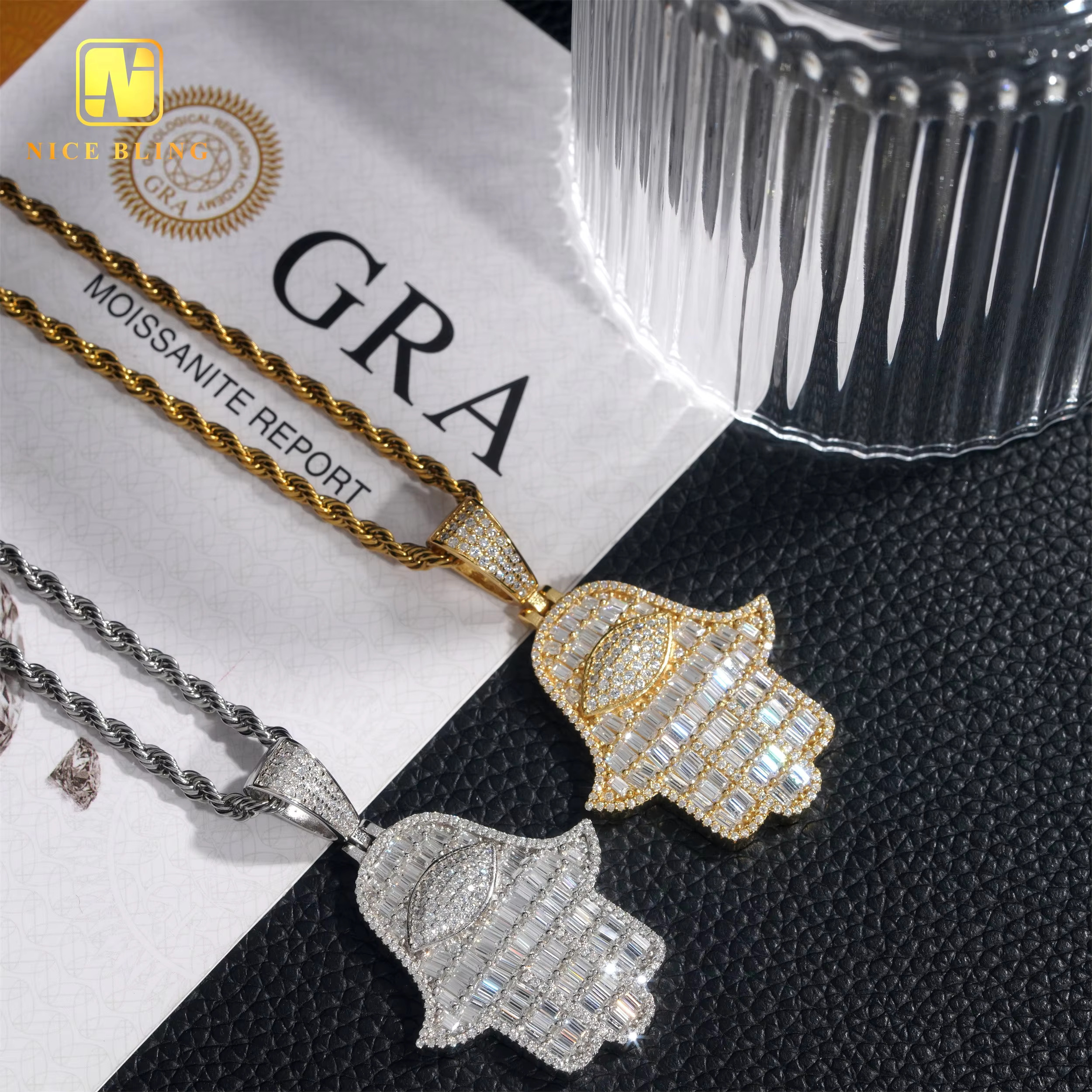 18K Gold Plated Hand Pendants Fashion Hip Hop Moissanite Jewelry Baguette Diamond Hamsa Hand Pendants Charms for Men Women