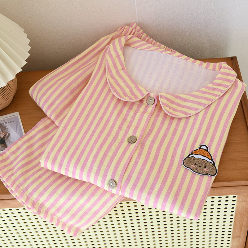 B761-Cotton gauze pajamas for women in spring and autumn, thin and cute, age-reducing striped long-sleeved trousers, baby cotton yarn home clothes sui