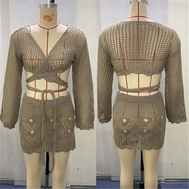 2024 Long Sleeve Cropped Tops Bikini Bottom Skirts Women Knitted Cover Up Mini Dress Beach Bathing Suit Women Swimsuit Beachwear 250305Z