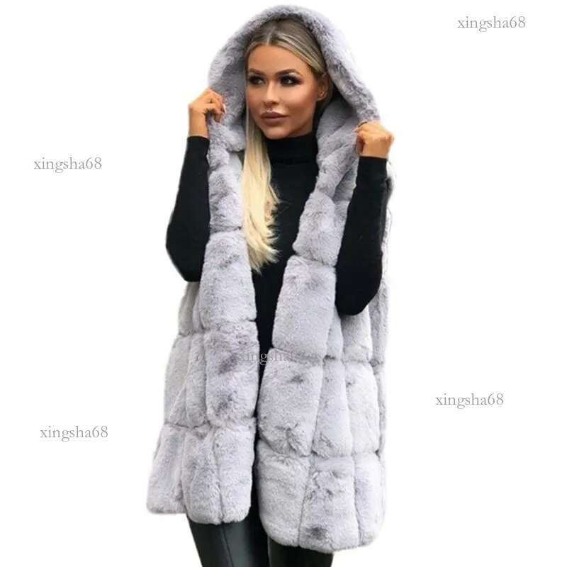 Womens Winter Thicken Fluffy Plush Vest Open Front Hooded Mid-Length Waistcoat Oversized Loose Solid Color Jacket Outwear S