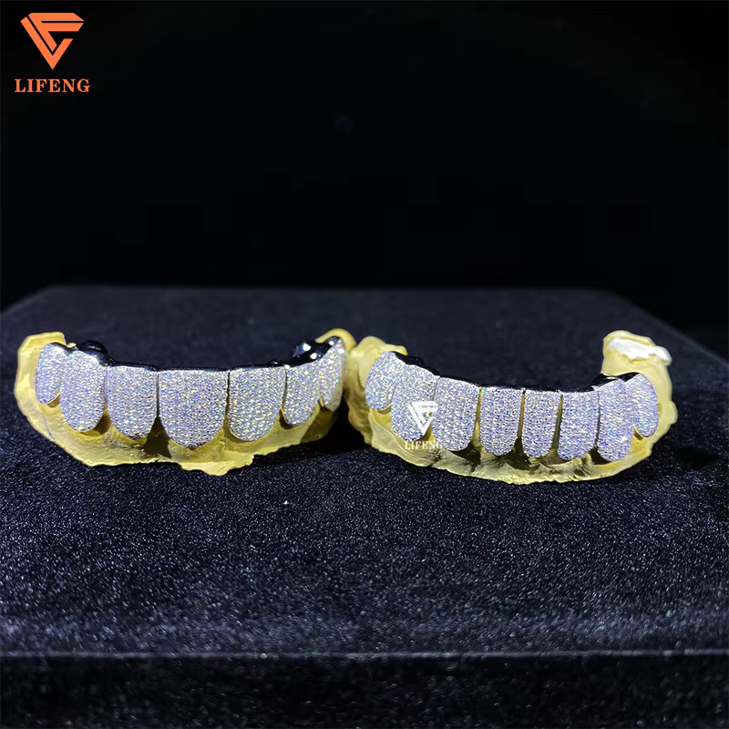 Iced Out Hip Hop Grillz Diamond Teeth Rappers 8 Top 8 Bottom Gold Plated 925 Sterling Sliver Custom Vvs Moissanite Grillz