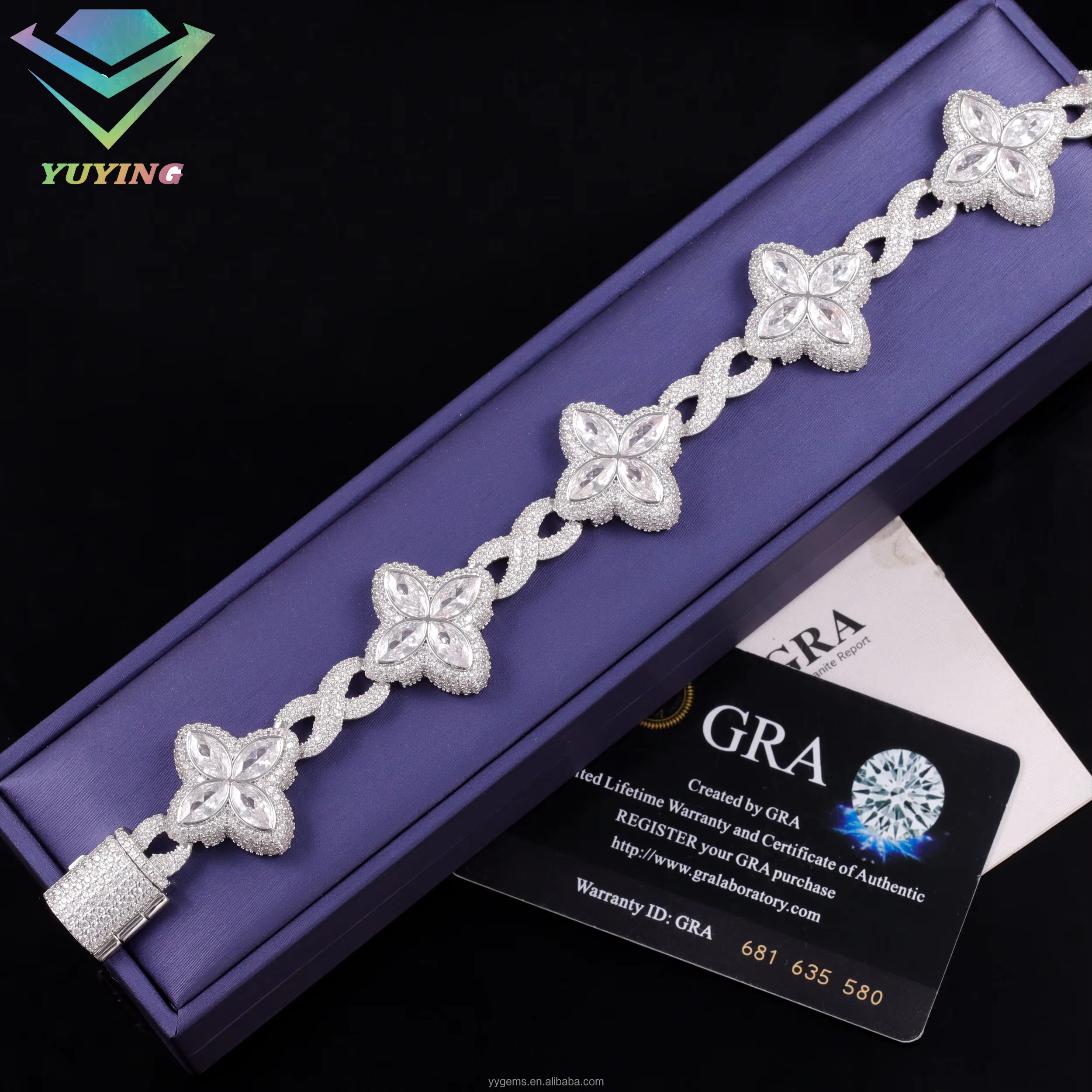 Lucky Charm Colorful Marquise Eye Moissanite Four Leaf Clover 925 Silver Cuban Chain Bracelet Mens Women Jewelry Bracelet