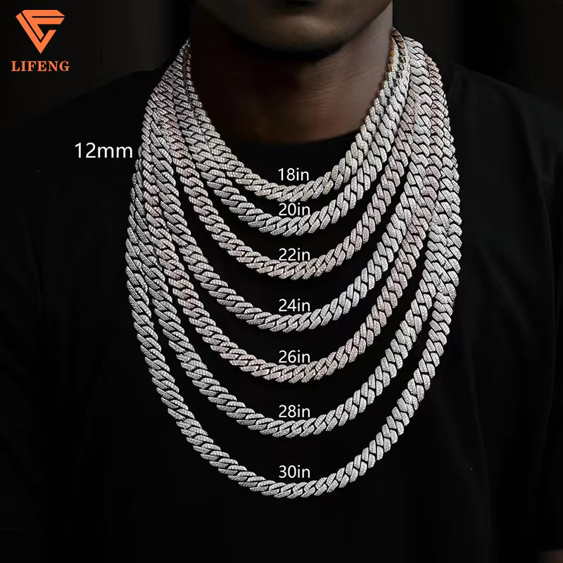 Lifeng Jewelry 18mm Baguette Cut VVS Moissanite Necklace Miami Cuban Link Chain Iced Hiphop 925 Silver Diamond Moissanite Chain