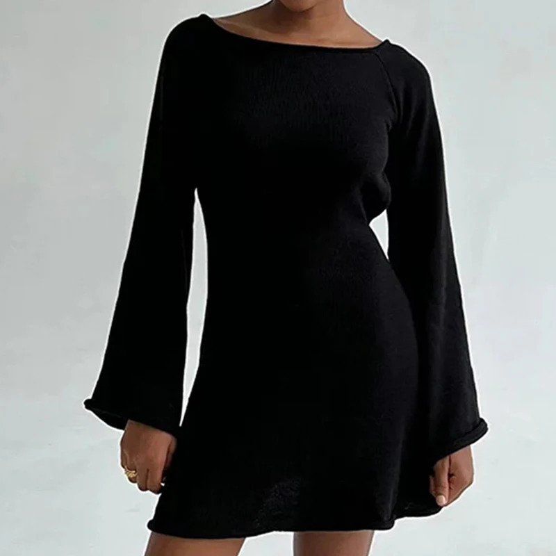 Sexy Backless Round Collar CoverUps Solid Color Knit Beachwear Stylish Horn Sleeve Beach suit Female Holiday wrap Dress 250305Z