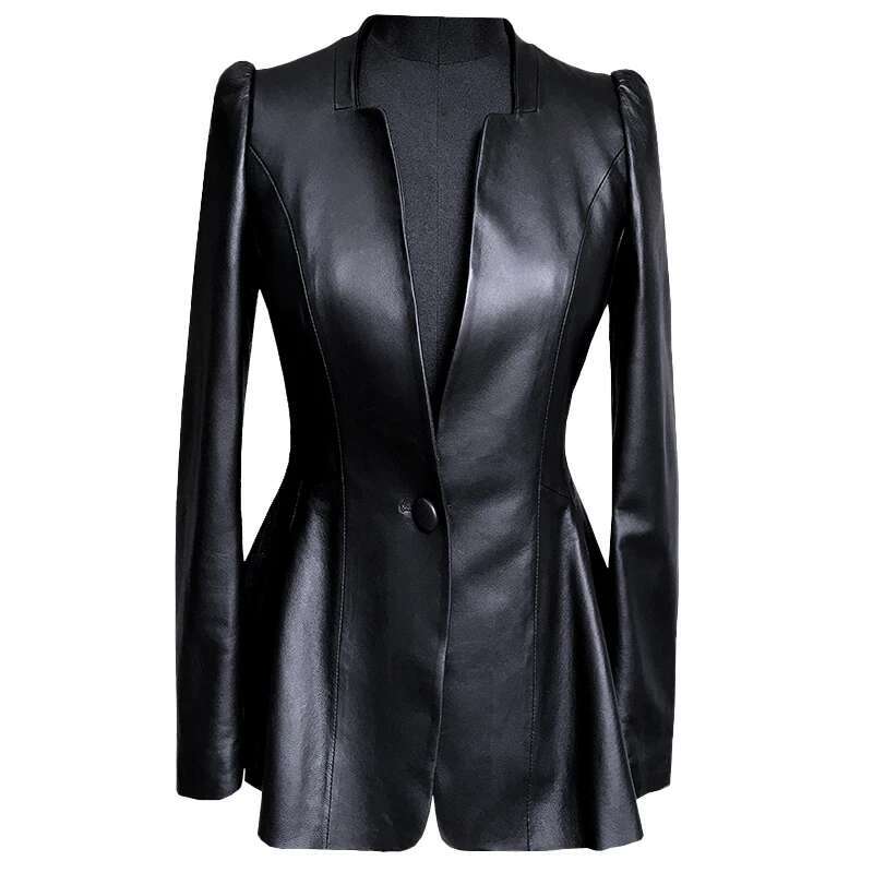 Lautaro Autumn Black Slim Soft Pu Leather Jacket Women Deep V Neck Long Puff Sleeve Elegant Skirted Blazer Fashion 2021