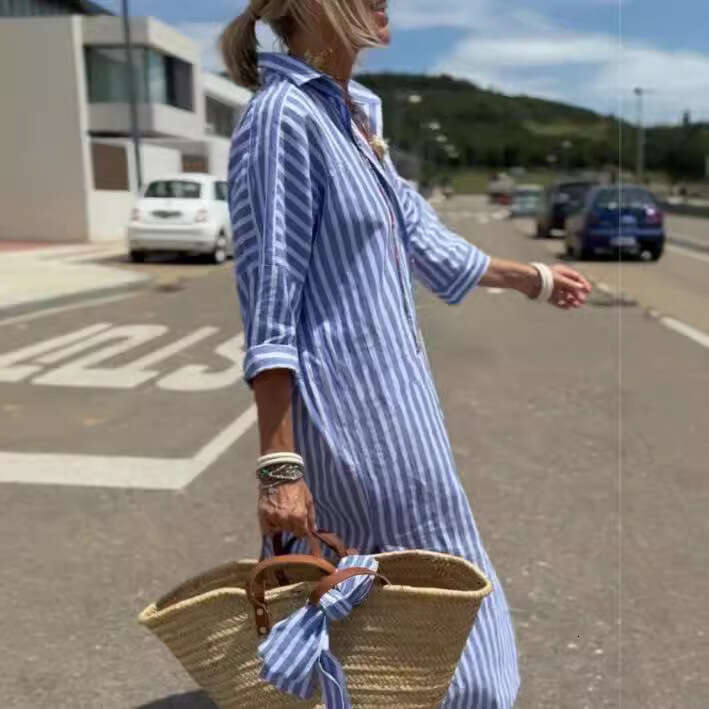 New striped shirt from Europe America, split dress, summer shirt, 2025 new style, chic and elegant clothing