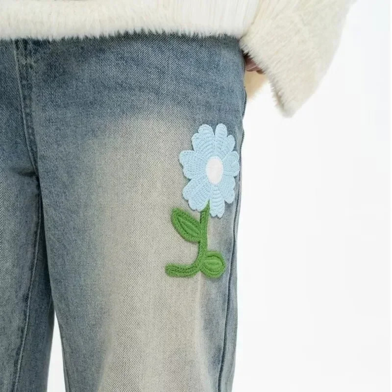 Y2K Vintage Flower Embroidered Jeans For Men High Street Baggy Straight Wide Leg Denim Pants Autumn Hip Hop Fashion Jean 250306