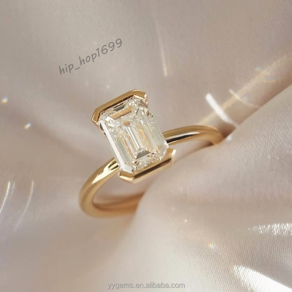 Customized 14K Yellow Gold Half Bezel Setting 6*9 Ridine Che Moissanite Solitaire Wedding Ring Fine Jewelry Women Rings