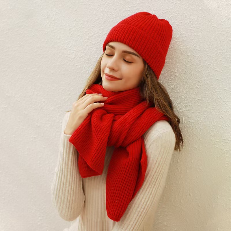 K083 Solid color ribbed knitted scarf for women winter new foreign trade imitation cashmere warm wool neck scarf hat set