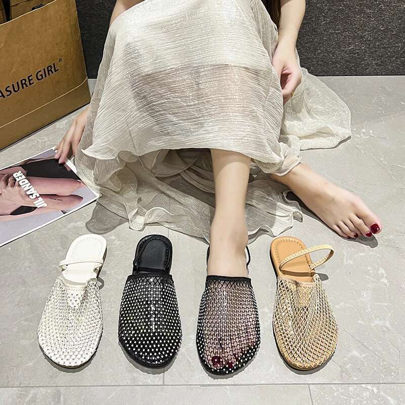 Round Headed Lower Half Slippers For Free Shipping Women Flat Designer Sandals Shoes 2025 Summer New Mesh Beach Shoes External Slippers Gladiator Sand