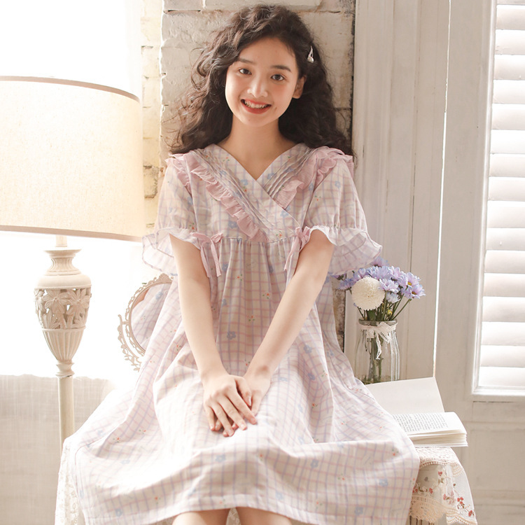B760-Spring and summer women's cotton one-piece nightgown short-sleeved ruffled double-layer cotton yarn girls' home clothes breathable paja