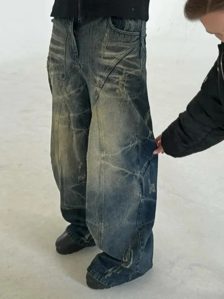 American Fashion Hole Washing Old Baggy Jeans Male Y2K Retro Harajuku Hip Hop Pop Gothic High Waist Wide Leg Denim Trousers 250306
