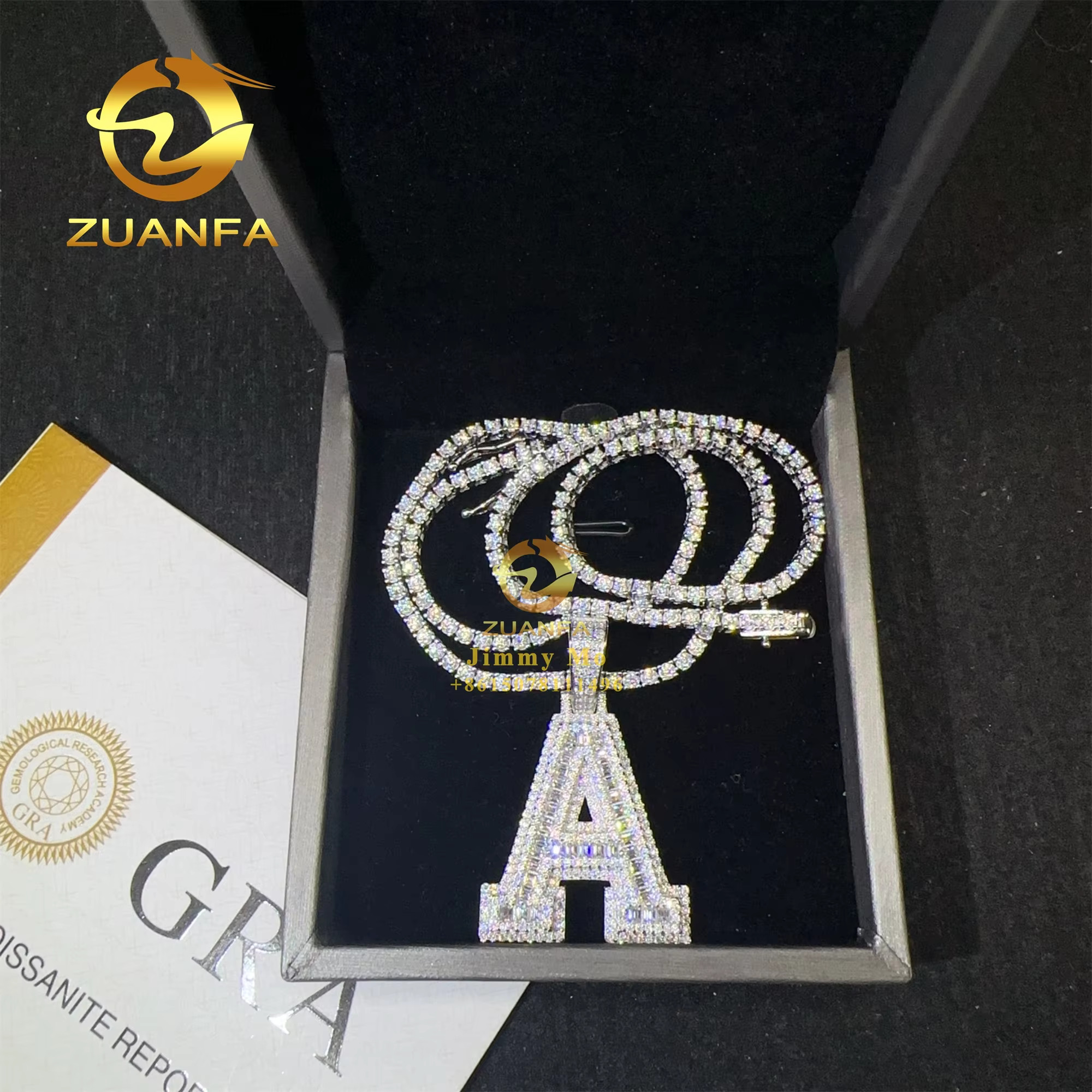 Fashion Hip Hop Pendant Jewelry 925 Sterling Silver VVS1 Baguette Moissanite Diamond a Initial Letter Pendant Necklace Set