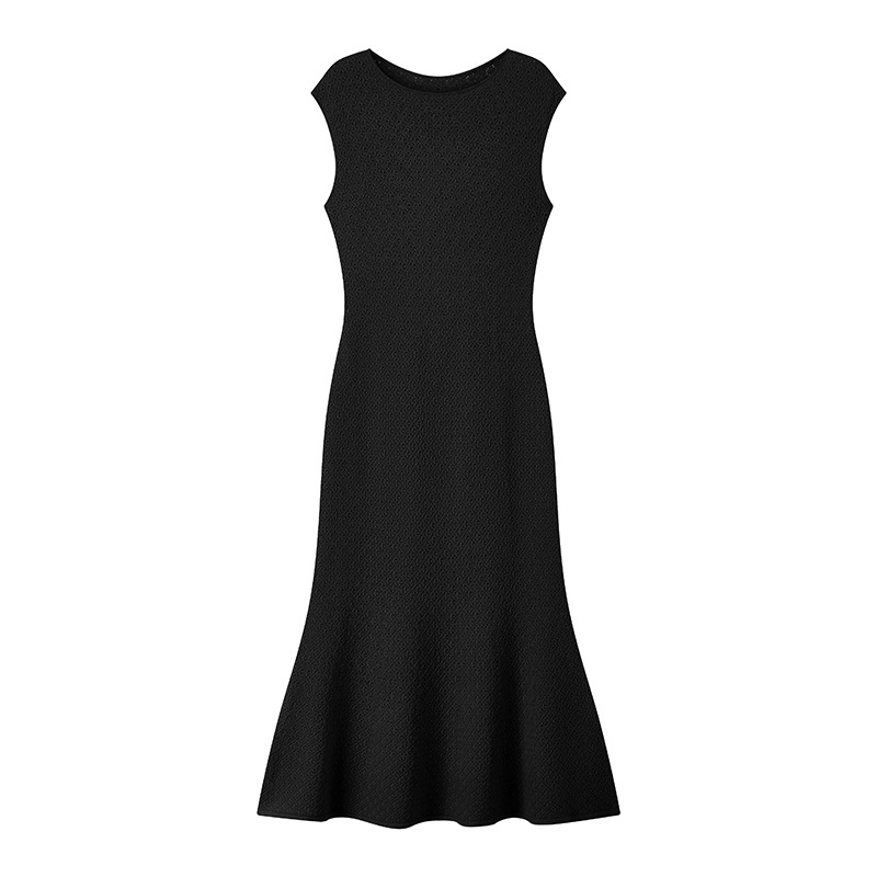 L47175 Spring and summer French elegant lady black round neck sleeveless high-end knitted mid-length fishtail dress