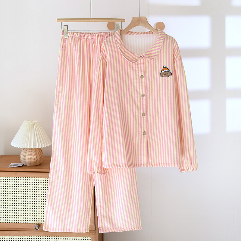 B761-Cotton gauze pajamas for women in spring and autumn, thin and cute, age-reducing striped long-sleeved trousers, baby cotton yarn home clothes sui