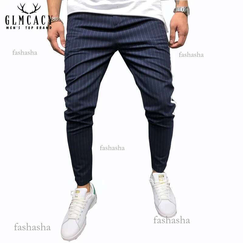 Mens Ankle Pants Streetwear Side Stripes Checkered Trousers Casual Slim Fit Street Fas