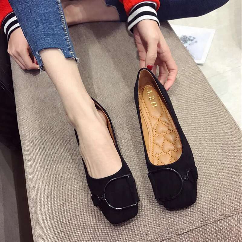 Women's Spring 2025 New Suede Leather Square Toe Shallow Cut Flat Bottom Lefu Soft Bean Shoes Fashion Designer Sandals Single Shoes