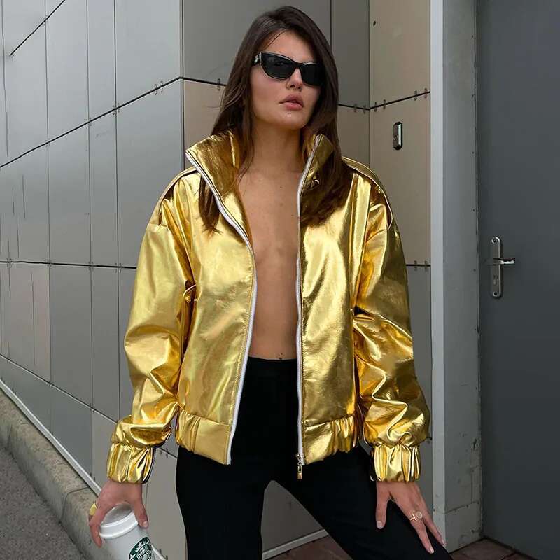 hoodie Fashion Shiny Gold Sier PU Jacket Women Lapel Zipper Pockets Loose Metallic Leather Jackets Hiphop Punk Lady Outcoats jacket