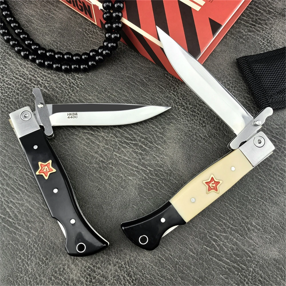Russian Finka NKVD Tactical Assisted Opening Folding Knife 440C Stainless Steel Blade, ABS Handle with Nylon Sheath - Outdoor Hunting Survival Camping