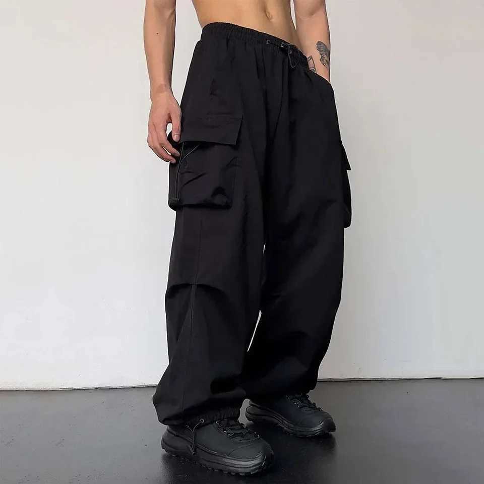 New Mens Summer Vintage Y2k Hip Hop Cargo Parachute Pants Streetwear Wide Leg Sweatpants Quick Drying High Waisted Mens PantsT250308