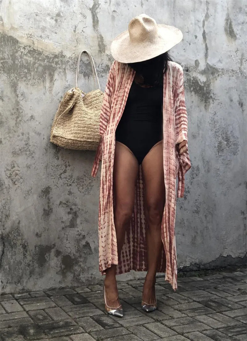 Womens Beach Cover Ups Open Front Tie Dye Maxi Cardigan Kimono Swimsuit with Belts 250305Z