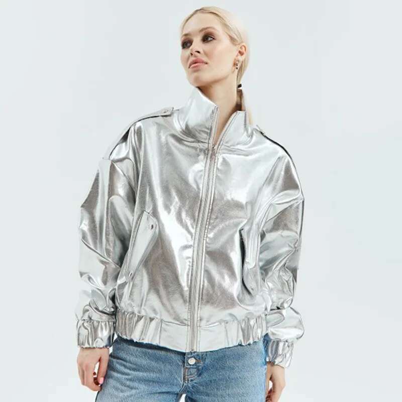 hoodie Fashion Shiny Gold Sier PU Jacket Women Lapel Zipper Pockets Loose Metallic Leather Jackets Hiphop Punk Lady Outcoats jacket