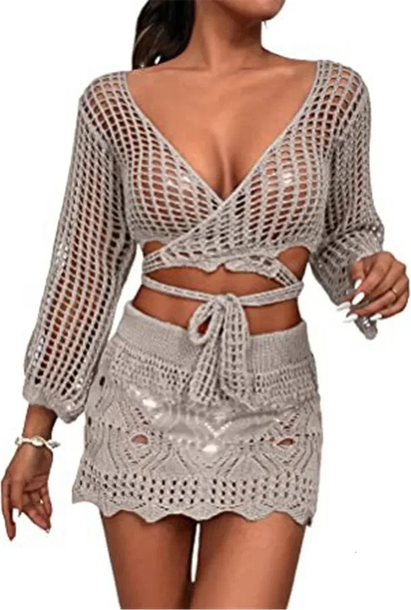 2024 Long Sleeve Cropped Tops Bikini Bottom Skirts Women Knitted Cover Up Mini Dress Beach Bathing Suit Women Swimsuit Beachwear 250305Z