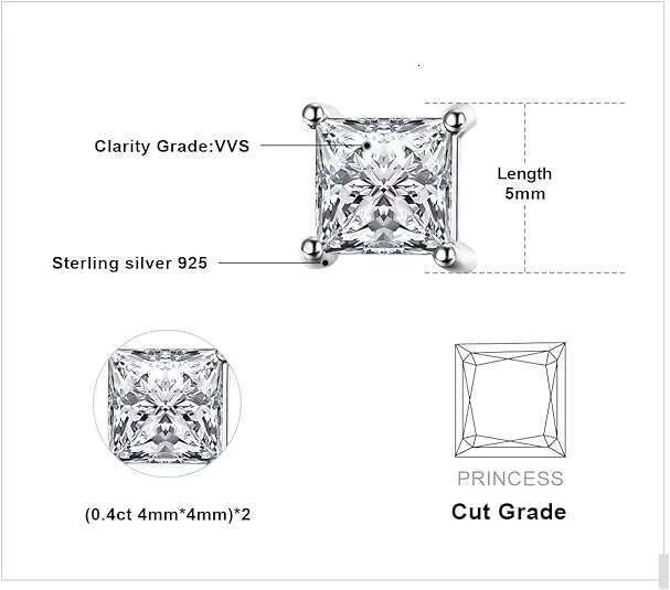 Princess Square Cut Stud D Color VVS Moissanite Dia Sterg Sier Earrings for Women Men