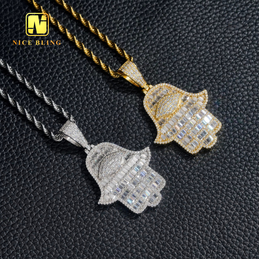 18K Gold Plated Hand Pendants Fashion Hip Hop Moissanite Jewelry Baguette Diamond Hamsa Hand Pendants Charms for Men Women