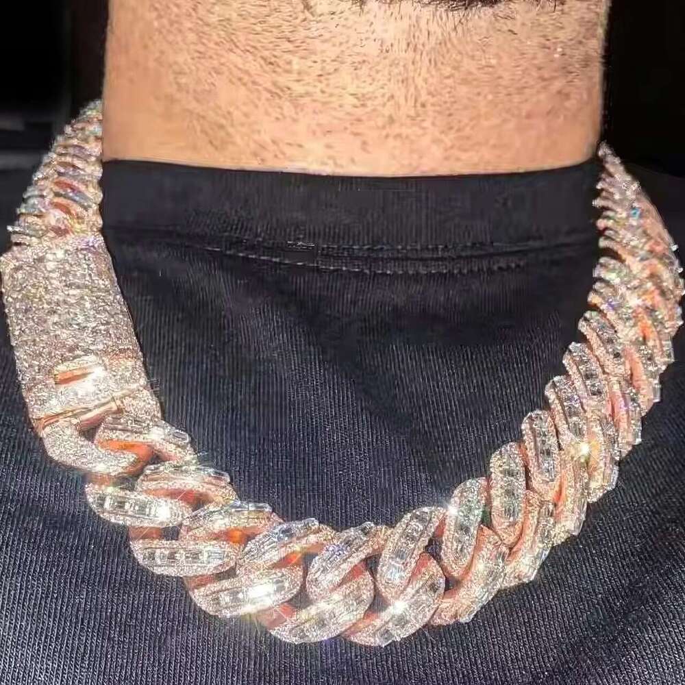 Rappers 20MM Iced Out Rose Gold Emerald Cut Moissanite Cuban k Mens Hip Hop Miami Chain