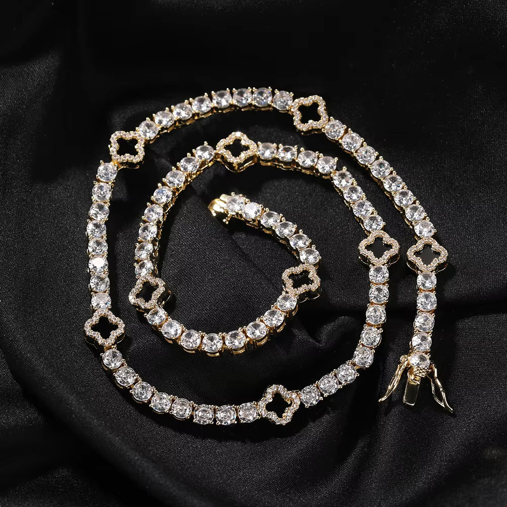 Womens Gold Plated Bling Tennis Bracelet Chain Moissanite VVS Dia Jewelry Set Hip Hop Iced Out Black Clover Necklace
