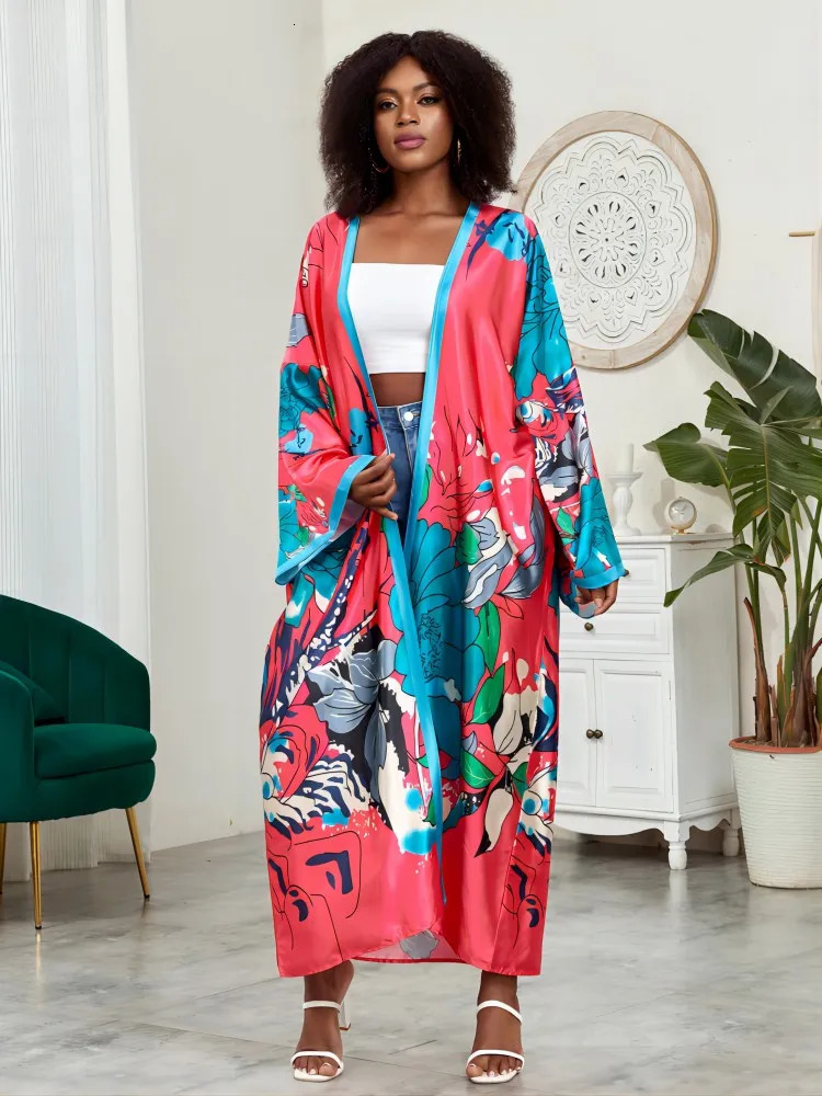 Plus Bohemian kimono womens plus lotus print contrast binding long sleeved open front waistband kimono overlay 250305Z