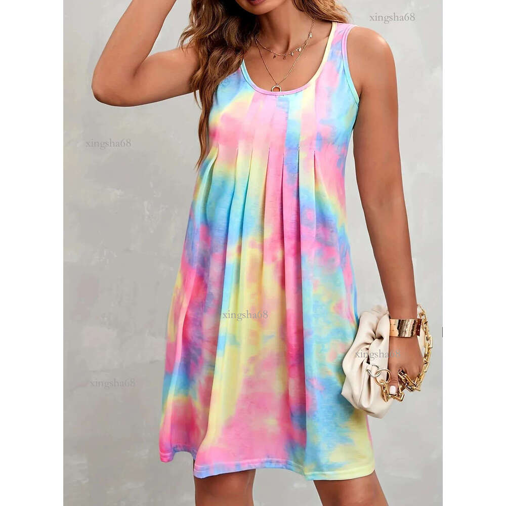 Plus Size Womens Summer Tie-Dye Pleated Sleeveless Dress Beach Tank Dress Vestidos De Verano Mujer 24